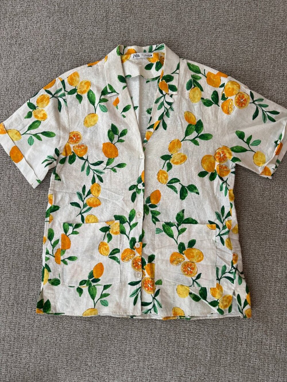 Zara Oversized Linen Blend Short Sleeve Button-Up Shirt, Lemon Print, Size L